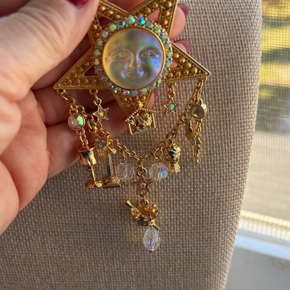 Kirks Folly Gold Star and Moon Face Brooch with Charms - Picture 8 of 9